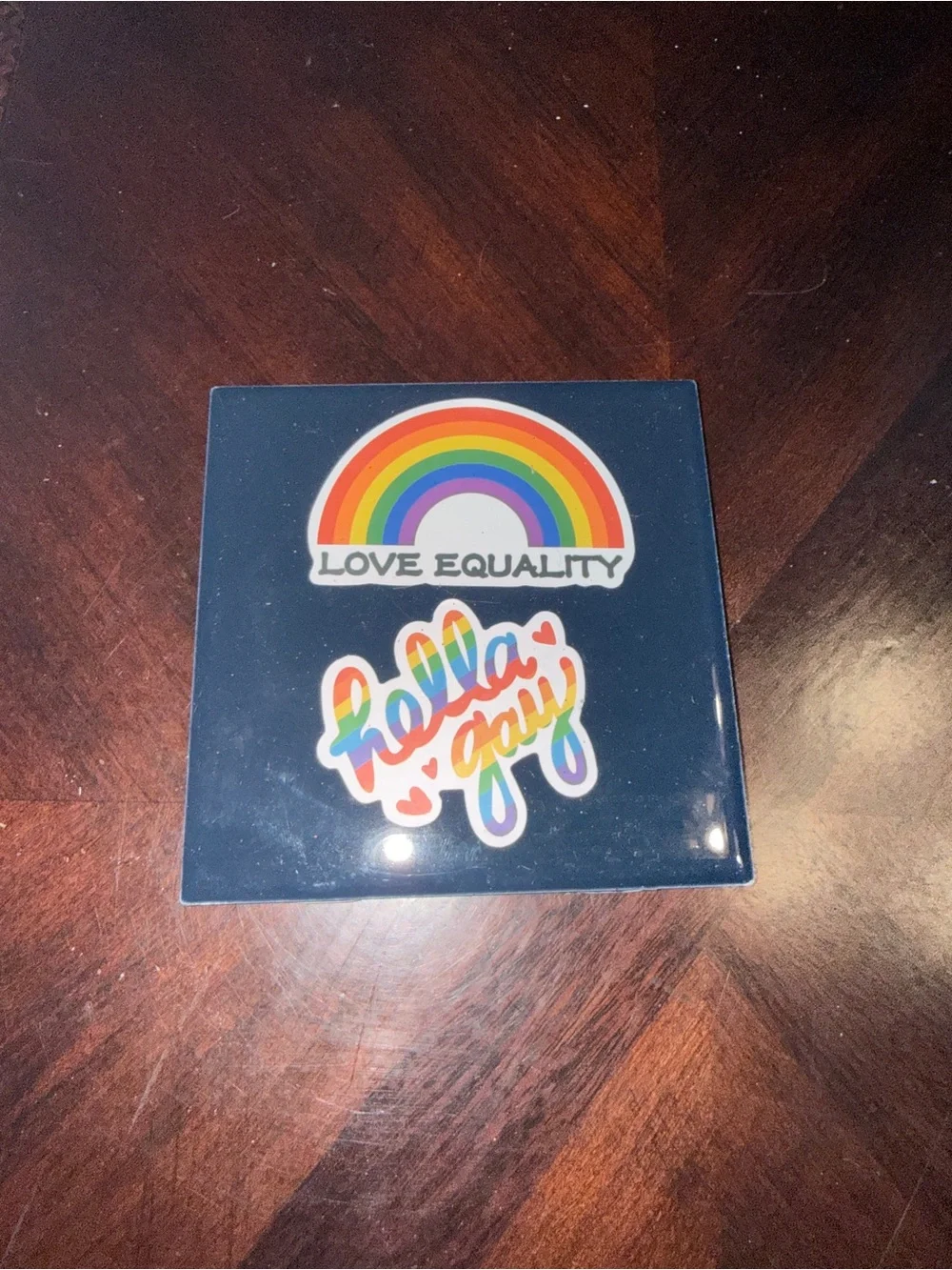 Royal Blue Ceramic Tile with Rainbow Pride Stickers with Muted Blue Mate!